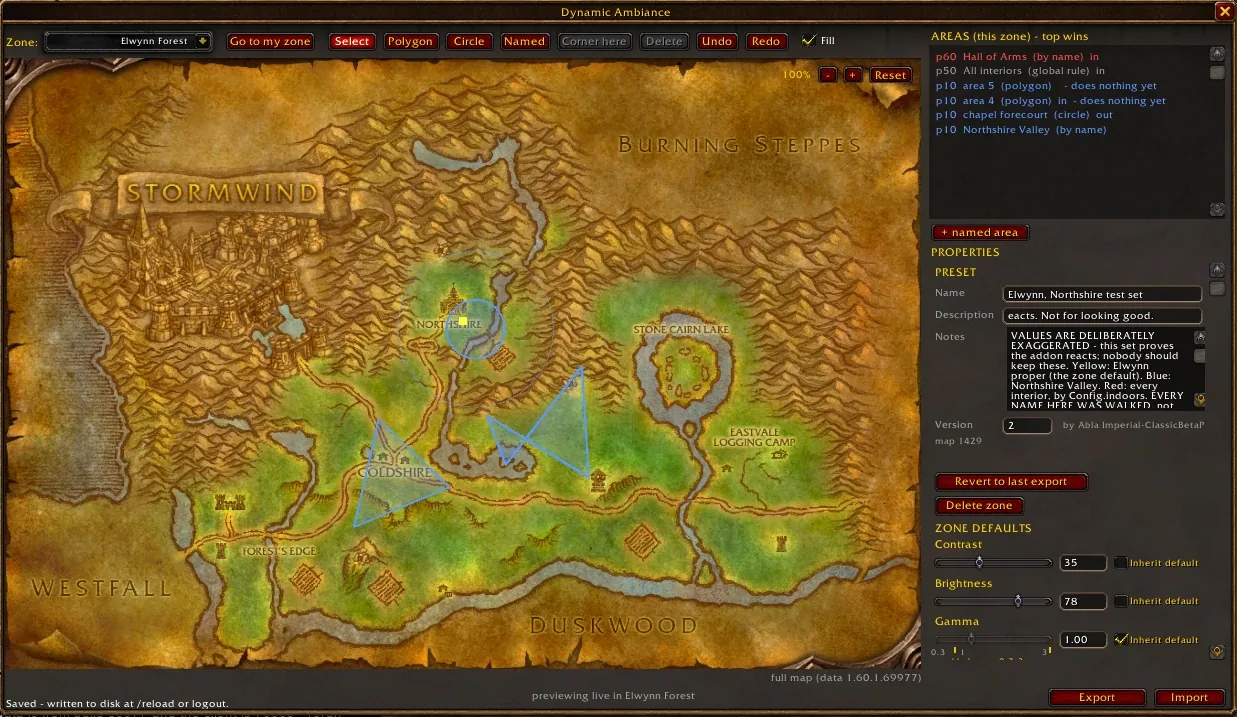 The Dynamic Ambiance zone editor in World of Warcraft: Forever: the Elwynn Forest map with the areas drawn on it, the list of areas for the zone, and the contrast, brightness and gamma sliders.