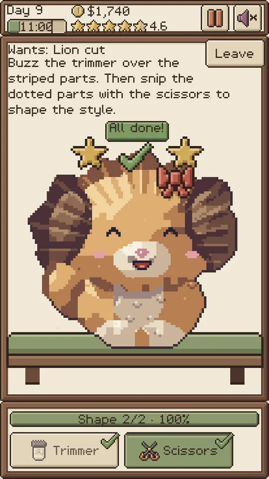 Store screenshot: a finished lion cut on a happy pup, trimmer and scissors both ticked, All done.