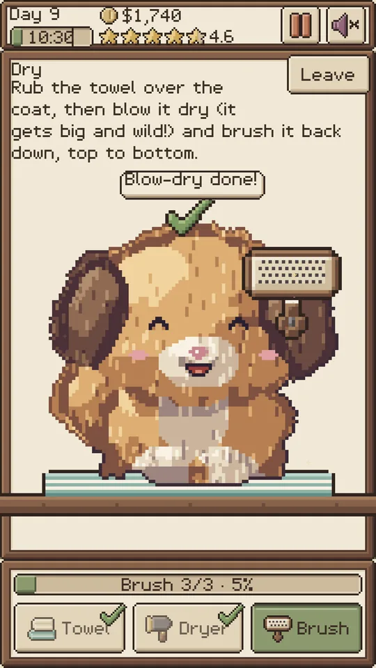 Store screenshot: the dry mini-game, a fluffy pup after the towel, dryer and brush, with Blow-dry done.