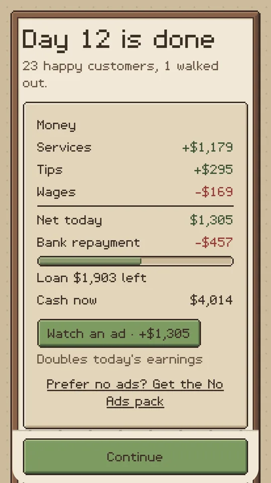 Store screenshot: the evening summary for day 12, with services, tips, wages, the bank repayment and the loan left, and an optional ad to double the day's earnings.