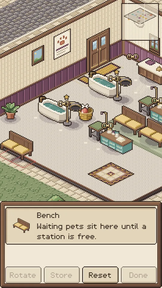 Store screenshot: the salon layout editor, placing a waiting bench among baths and styling stations.