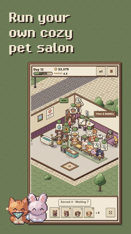 Store screenshot: a busy pixel-art salon on day 12 with pets waiting on benches, captioned Run your own cozy pet salon.