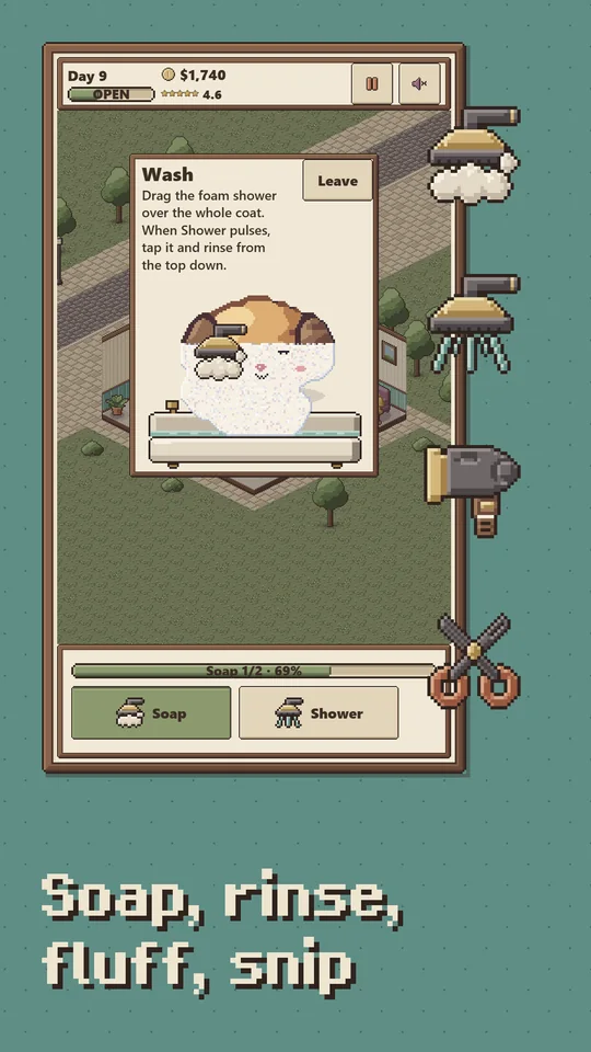Store screenshot: the wash mini-game, a soapy pup in the tub with the foam shower, captioned Soap, rinse, fluff, snip.